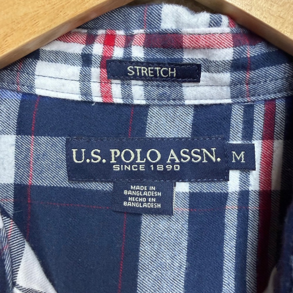 US Polo Assn Mens M Blue Red Plaid Stretch Button Down Long Sleeve Shirt Preppy - Picture 4 of 7